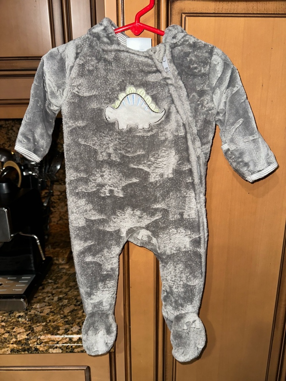 Plush Gray Dino One-Piece Footed Romper Size: 3/6 Months